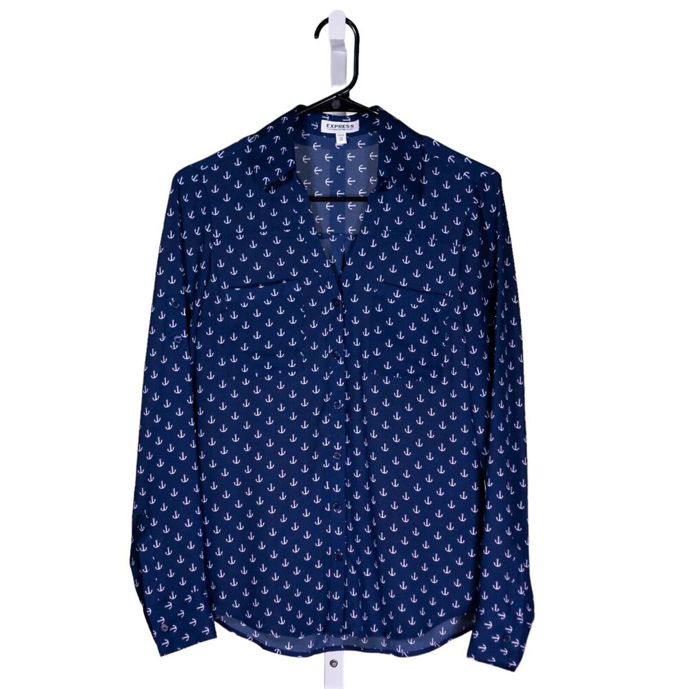 Express Women's Shirt Portofino Button Down Blue Anchors Nautical Blouse Top XS